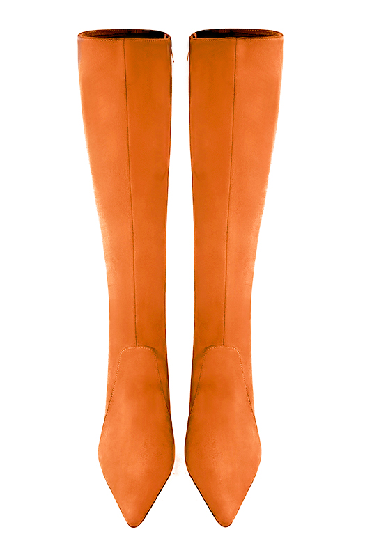 Apricot orange women's feminine knee-high boots. Pointed toe. Very high spool heels. Made to measure. Top view - Florence KOOIJMAN